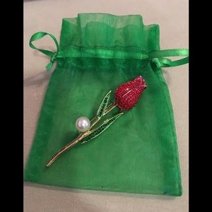 Crystal & “Faux” Pearl Rose Brooch w/ organza bag